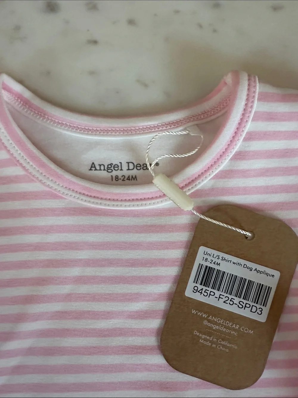 Angel Dear Pink and White Striped Puppy Applique Long Sleeve Top